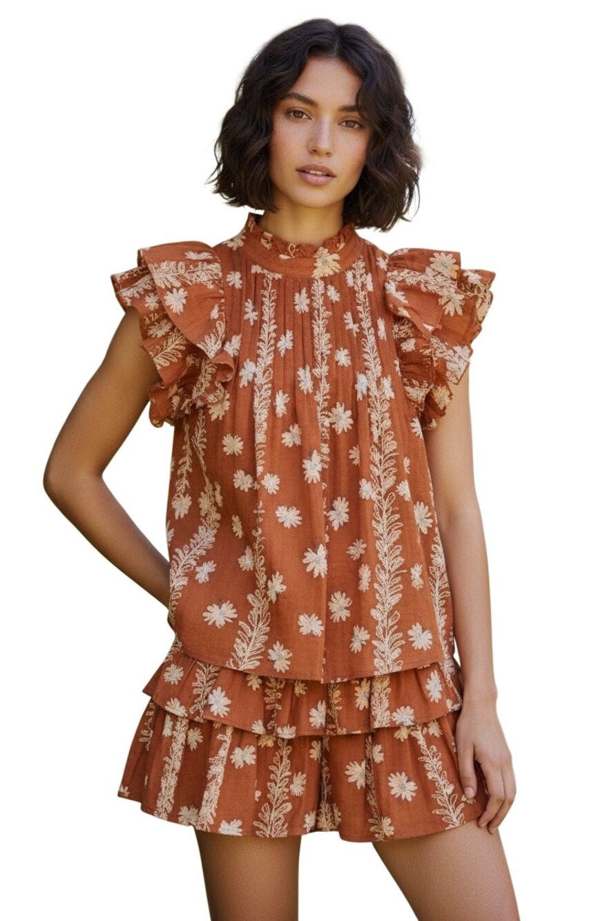 J.Marie Aubrey Woven Cap Sleeve Crew Neckline Coordinating Pleated Set XL